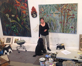 Jane Abrams in her studio with her dog, Bindi